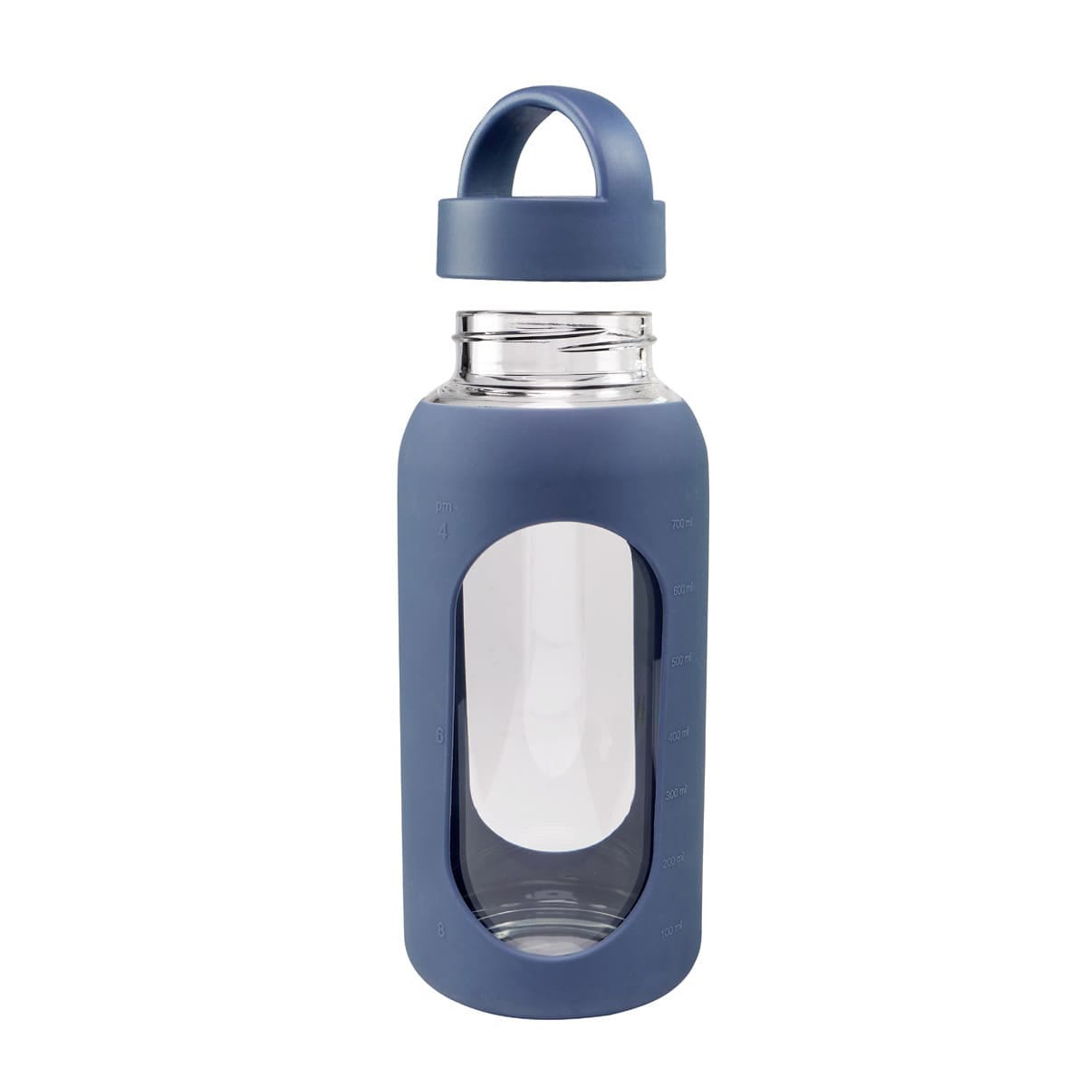 Cilindro de vidrio personalizado de 800 ml con manga de silicón graduada, tapa de rosca y asa para empresas.