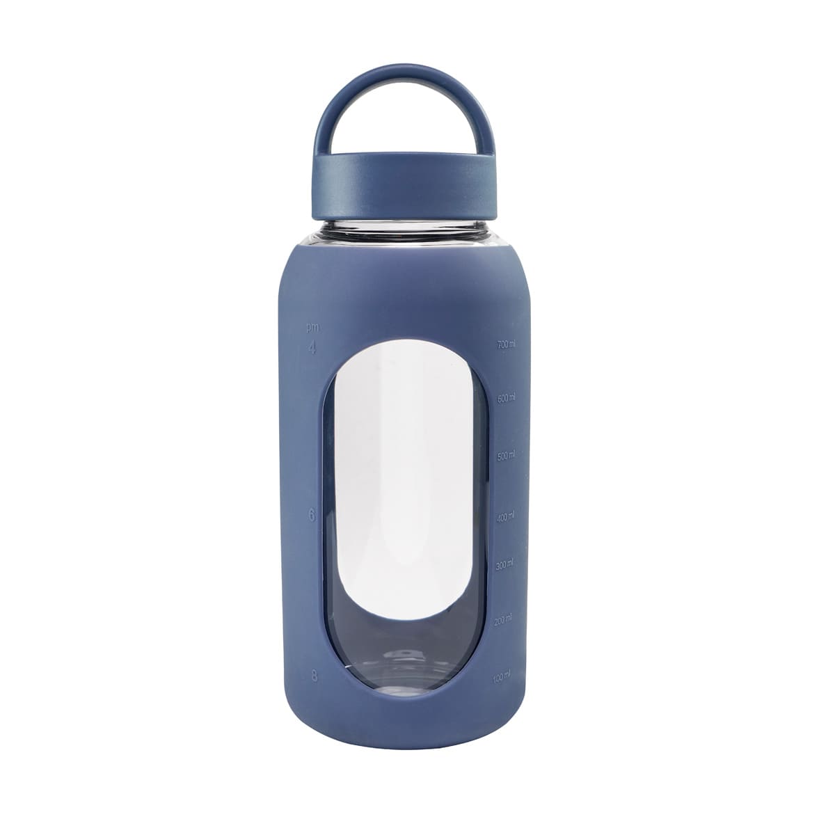 Cilindro de vidrio personalizado de 800 ml con manga de silicón graduada, tapa de rosca y asa para empresas.