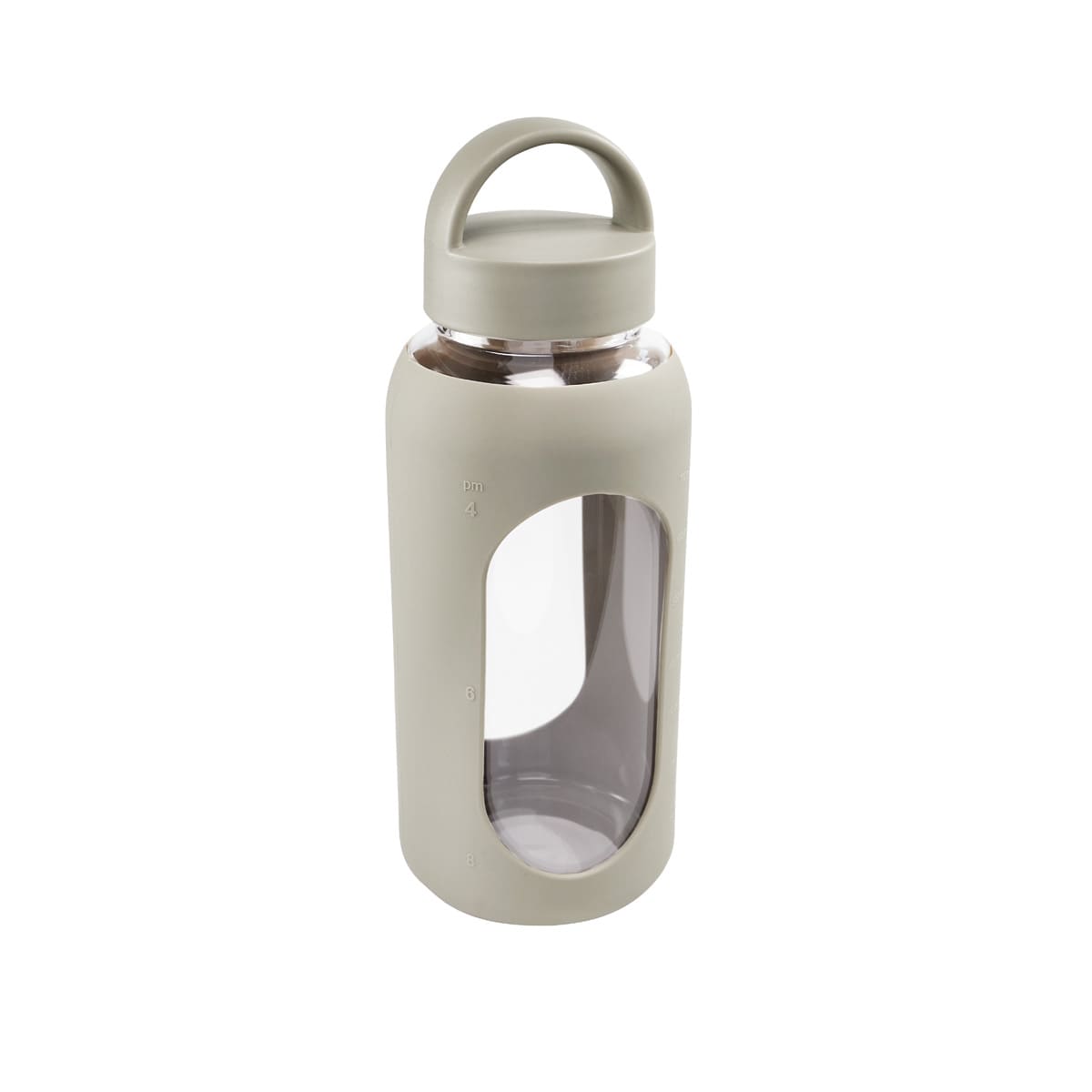 Cilindro de vidrio personalizado de 800 ml con manga de silicón graduada, tapa de rosca y asa para empresas.
