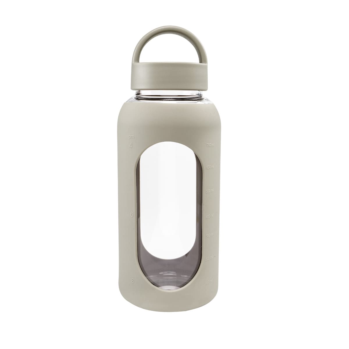 Cilindro de vidrio personalizado de 800 ml con manga de silicón graduada, tapa de rosca y asa para empresas.