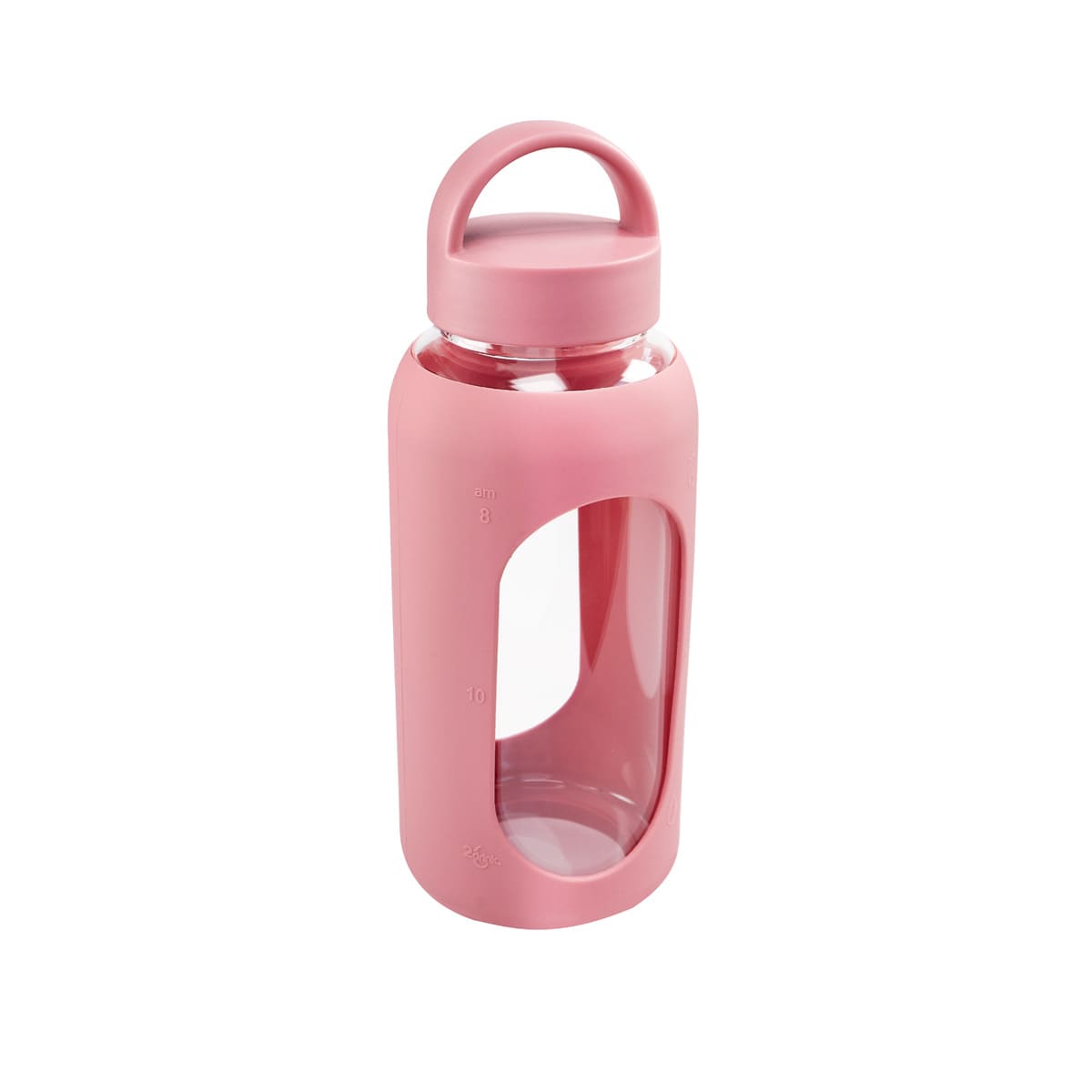 Cilindro de vidrio personalizado de 800 ml con manga de silicón graduada, tapa de rosca y asa para empresas.
