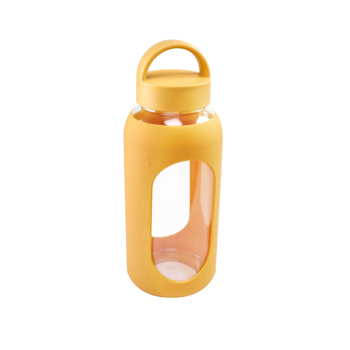 Cilindro de vidrio personalizado de 800 ml con manga de silicón graduada, tapa de rosca y asa para empresas.