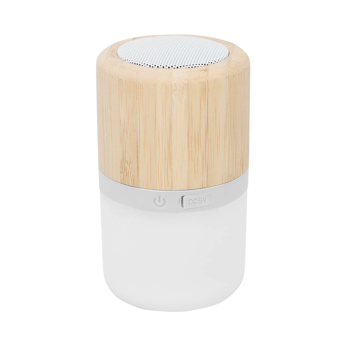 Bocina Bluetooth personalizada con lámpara LED de tres niveles de luz y acabado en bambú.