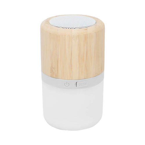 Bocina Bluetooth personalizada con lámpara LED de tres niveles de luz y acabado en bambú.
