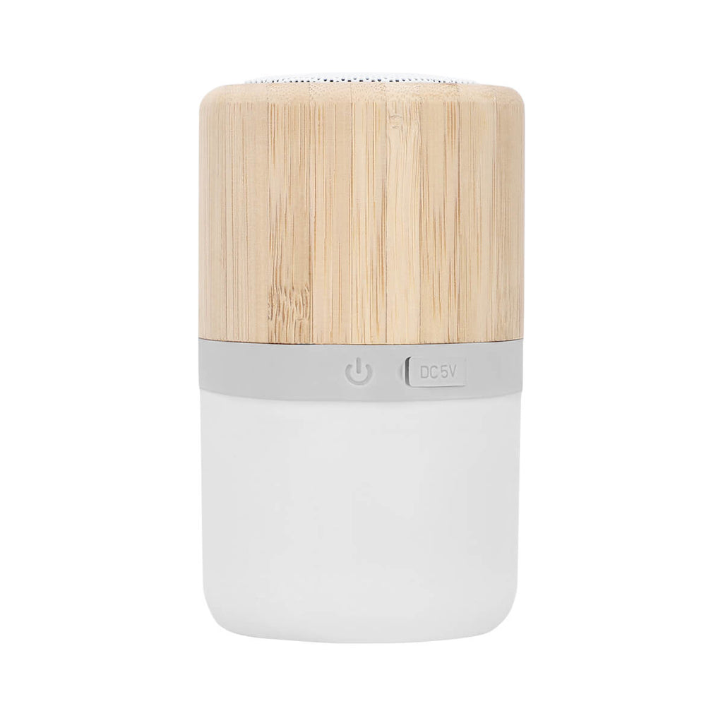 Bocina Bluetooth personalizada con lámpara LED de tres niveles de luz y acabado en bambú.