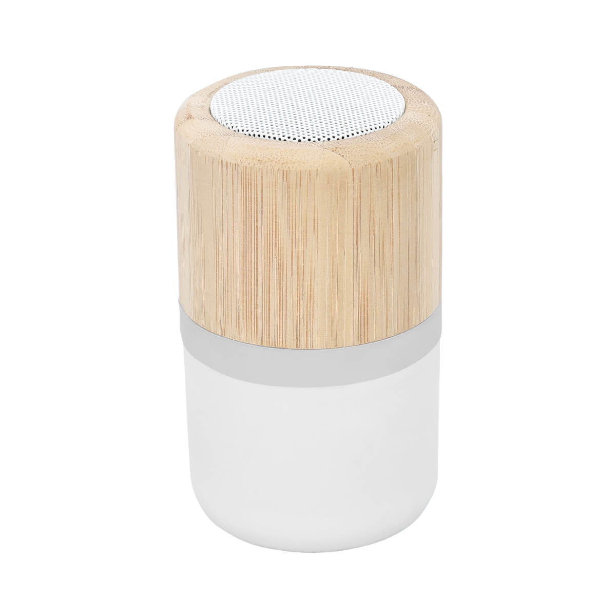 Bocina Bluetooth personalizada con lámpara LED de tres niveles de luz y acabado en bambú.
