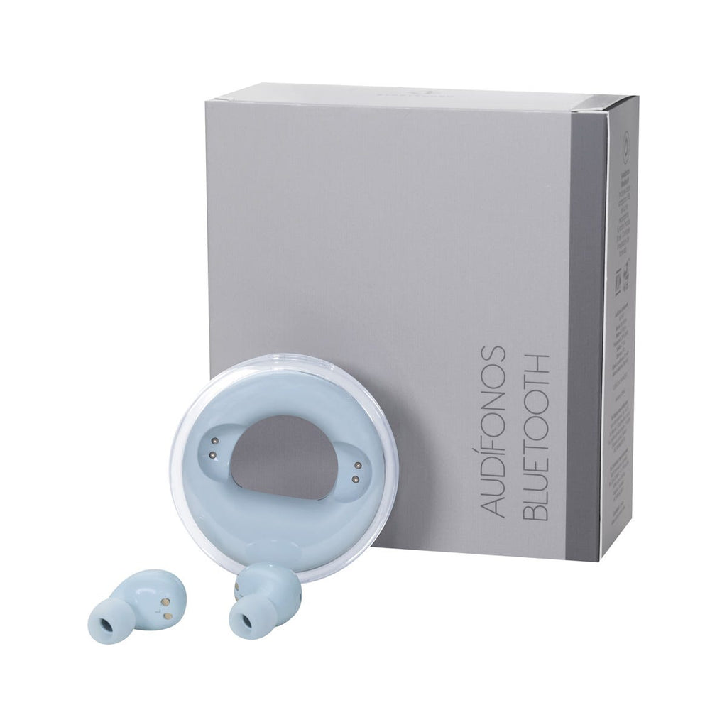 Audífonos Bluetooth personalizados con estuche de carga iluminado con luz LED y controles táctiles.