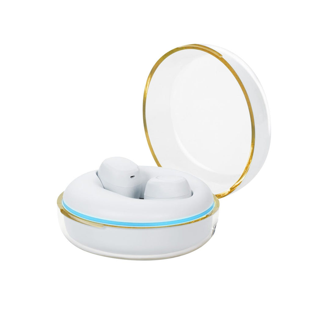 Audífonos Bluetooth personalizados con estuche de carga iluminado con luz LED y controles táctiles.