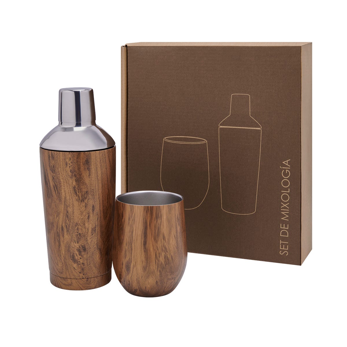 Set para preparación de bebidas con shaker y vaso de acero inoxidable personalizado para empresas.