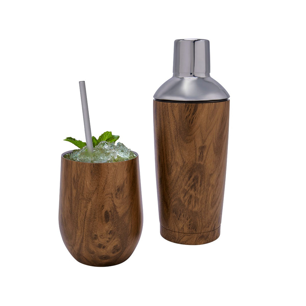 Set para preparación de bebidas con shaker y vaso de acero inoxidable personalizado para empresas.
