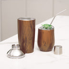 Set para preparación de bebidas con shaker y vaso de acero inoxidable personalizado para empresas.