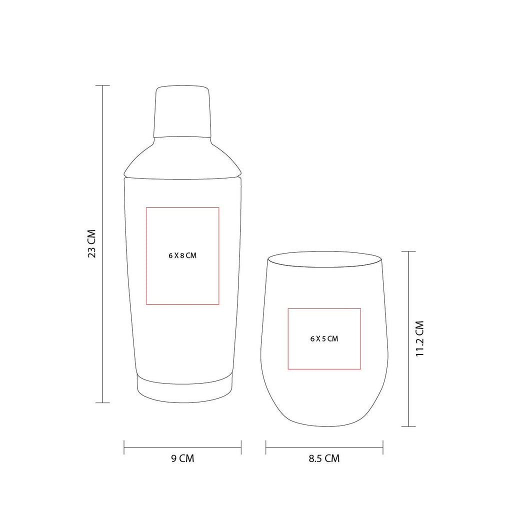 Set para preparación de bebidas con shaker y vaso de acero inoxidable personalizado para empresas.