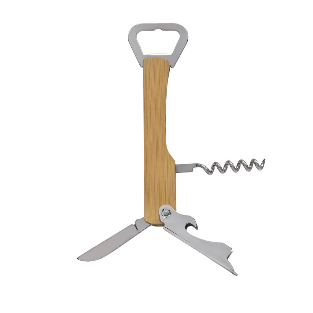 Destapador multifuncional de bambú y metal con sacacorchos y navaja personalizado para empresas.