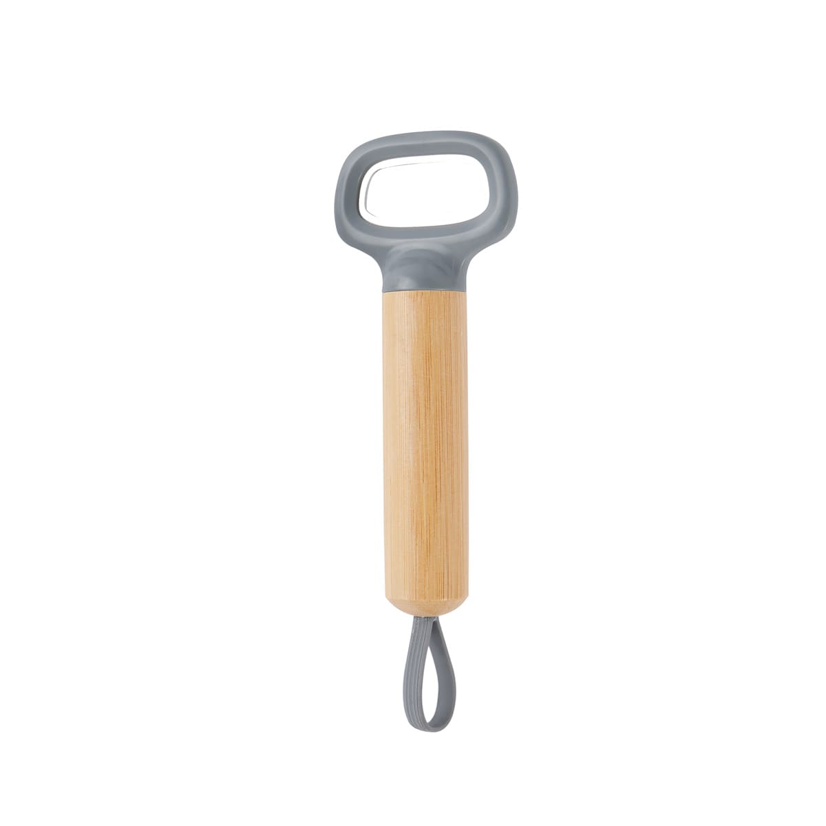 Destapador de bambú y acero inoxidable con asa de silicón personalizado para empresas.