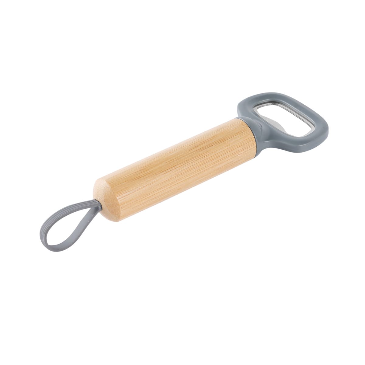 Destapador de bambú y acero inoxidable con asa de silicón personalizado para empresas.