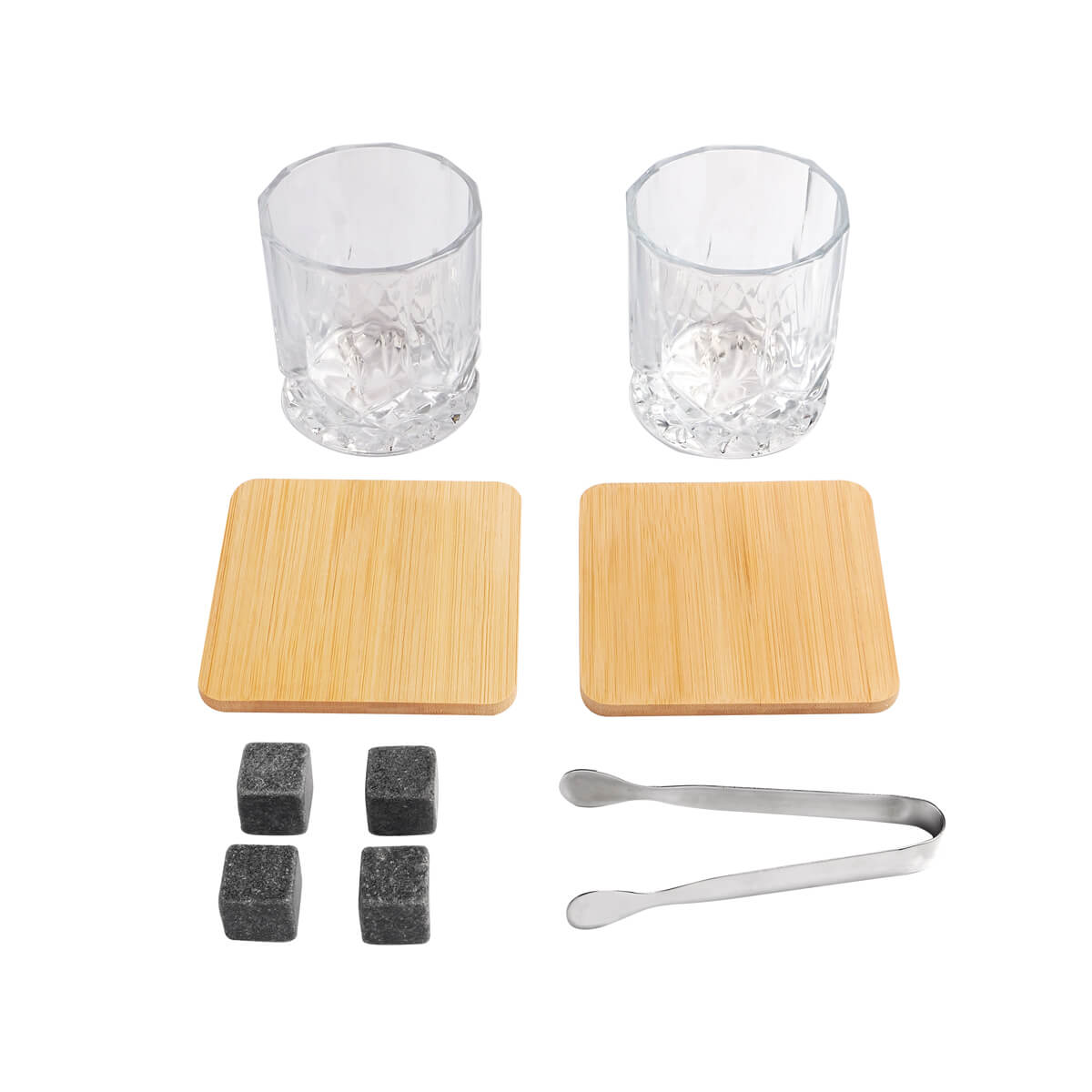 Set de bar con base de bambú, vasos de whisky y accesorios personalizado para regalos corporativos.
