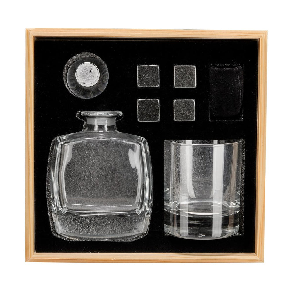Set de bar con licorera, vaso de cristal y enfriadores de piedra en caja de madera personalizada.