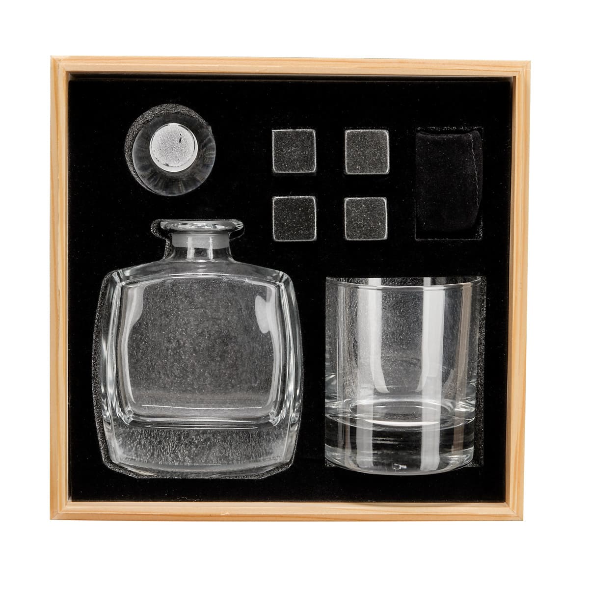 Set de bar con licorera, vaso de cristal y enfriadores de piedra en caja de madera personalizada.