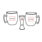 Set de mixología de acero inoxidable con tarros, dosificador y agitador personalizado para empresas.