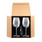 Set de dos copas de cristal y sacacorchos en caja para regalo corporativo personalizado.