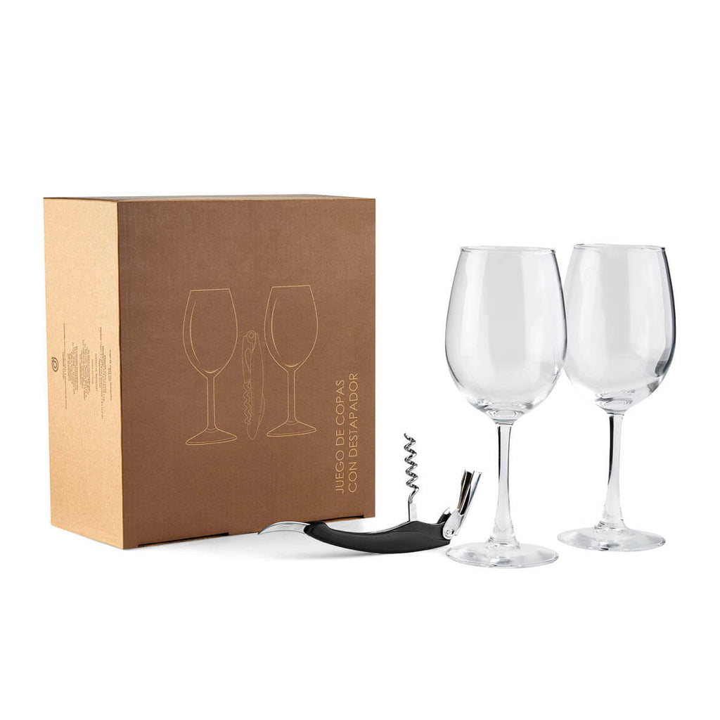 Set de dos copas de cristal y sacacorchos en caja para regalo corporativo personalizado.