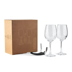 Set de dos copas de cristal y sacacorchos en caja para regalo corporativo personalizado.