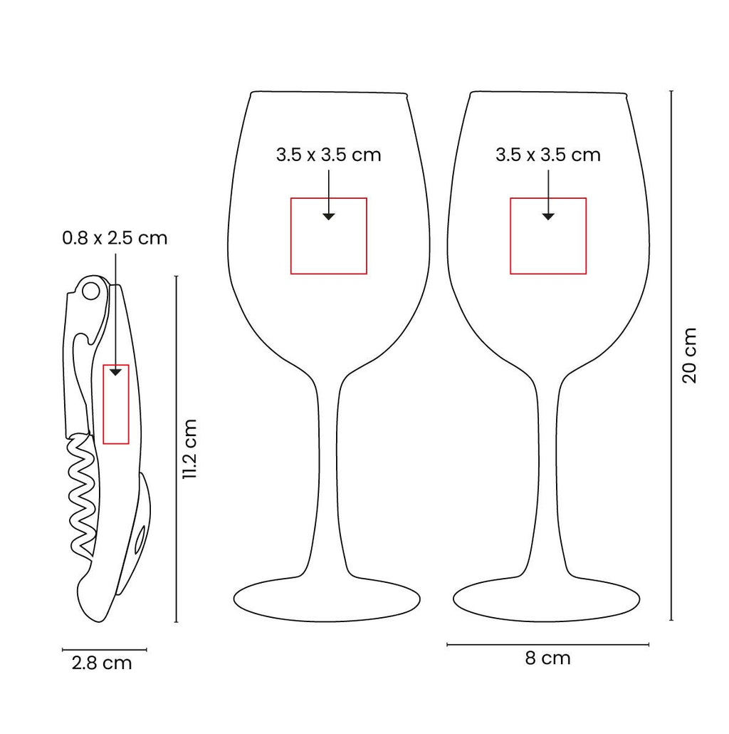Set de dos copas de cristal y sacacorchos en caja para regalo corporativo personalizado.