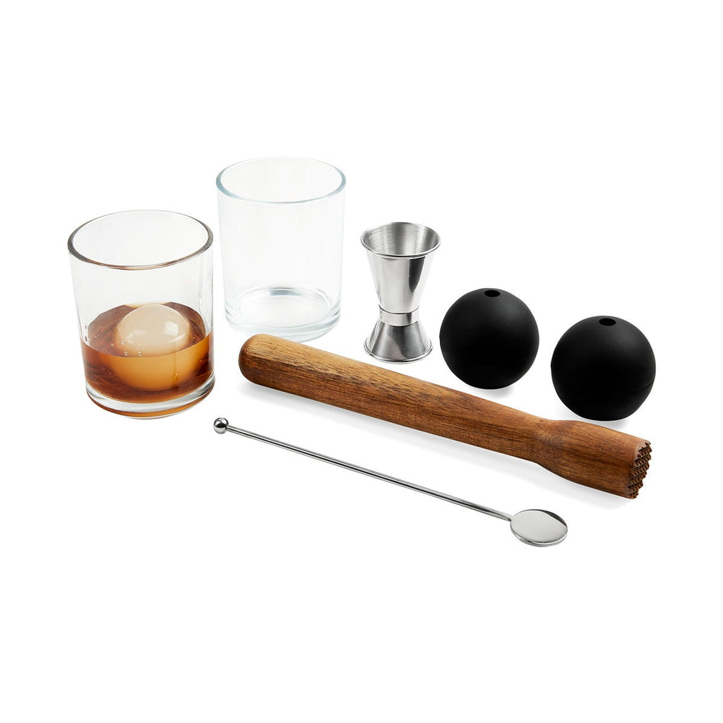 Set de mixología de 7 piezas con vasos y accesorios para preparar bebidas personalizado para empresas.