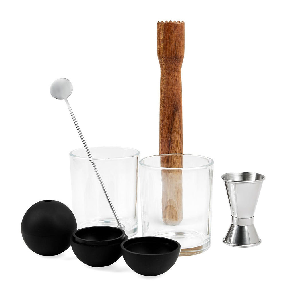 Set de mixología de 7 piezas con vasos y accesorios para preparar bebidas personalizado para empresas.
