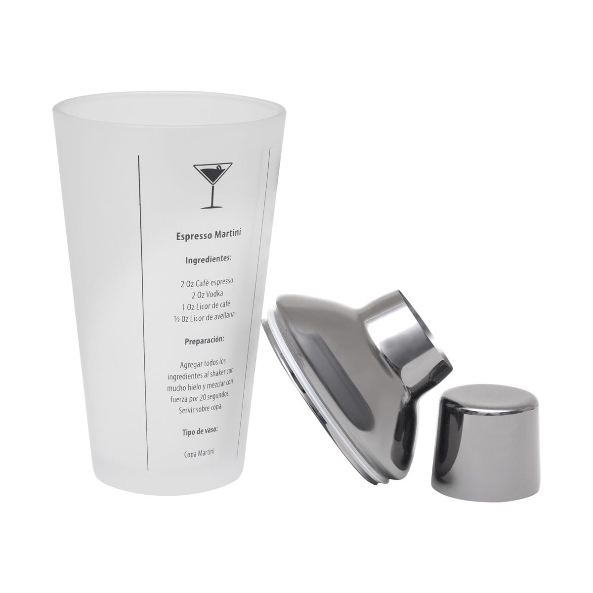 Shaker de cristal de 450 ml para preparar cócteles con recetas y personalizado para empresas.