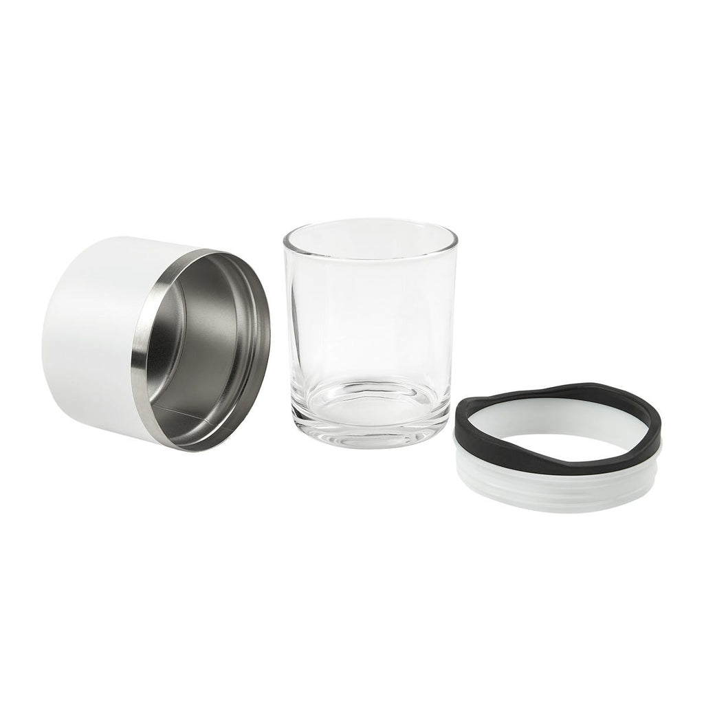Vaso de cristal para whisky con porta vaso de acero inoxidable personalizado para regalos corporativos.