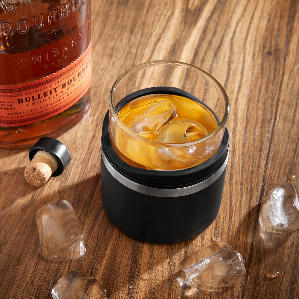 Vaso de cristal para whisky con porta vaso de acero inoxidable personalizado para regalos corporativos.
