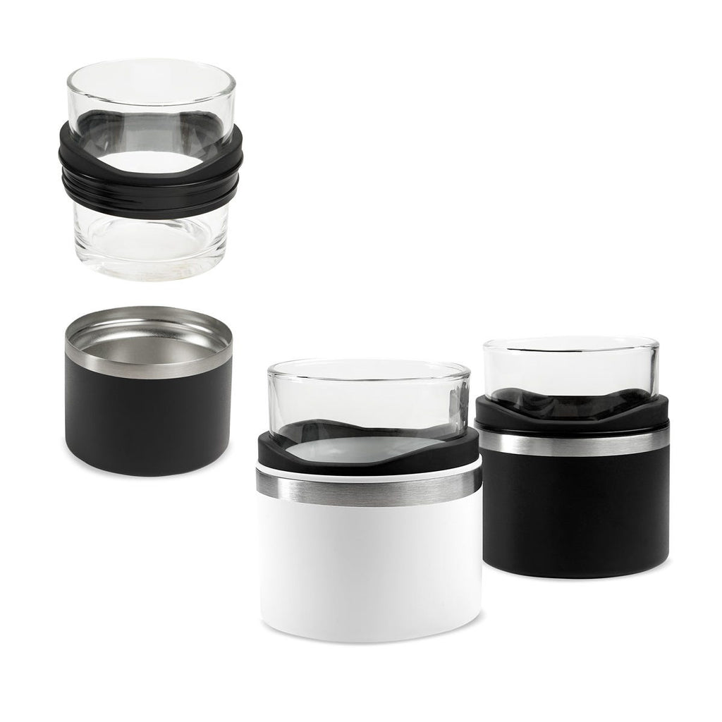Vaso de cristal para whisky con porta vaso de acero inoxidable personalizado para regalos corporativos.