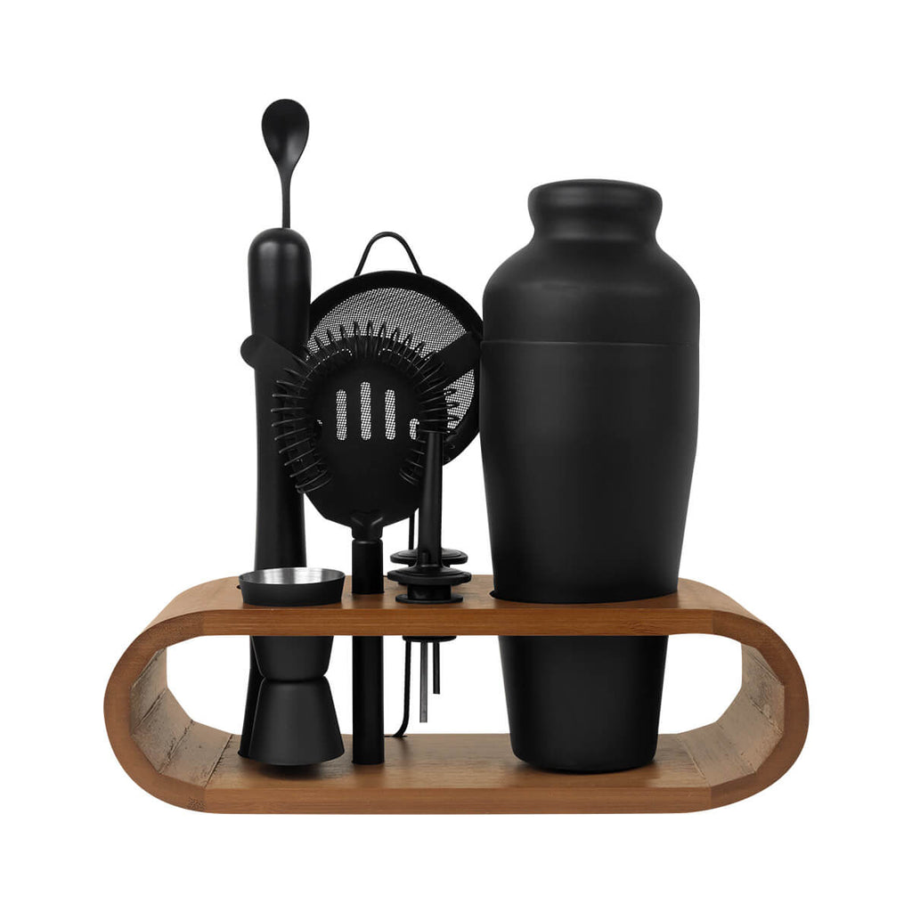 Set de mixología con shaker de acero inoxidable y soporte de bambú personalizado para empresas.