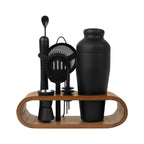 Set de mixología con shaker de acero inoxidable y soporte de bambú personalizado para empresas.