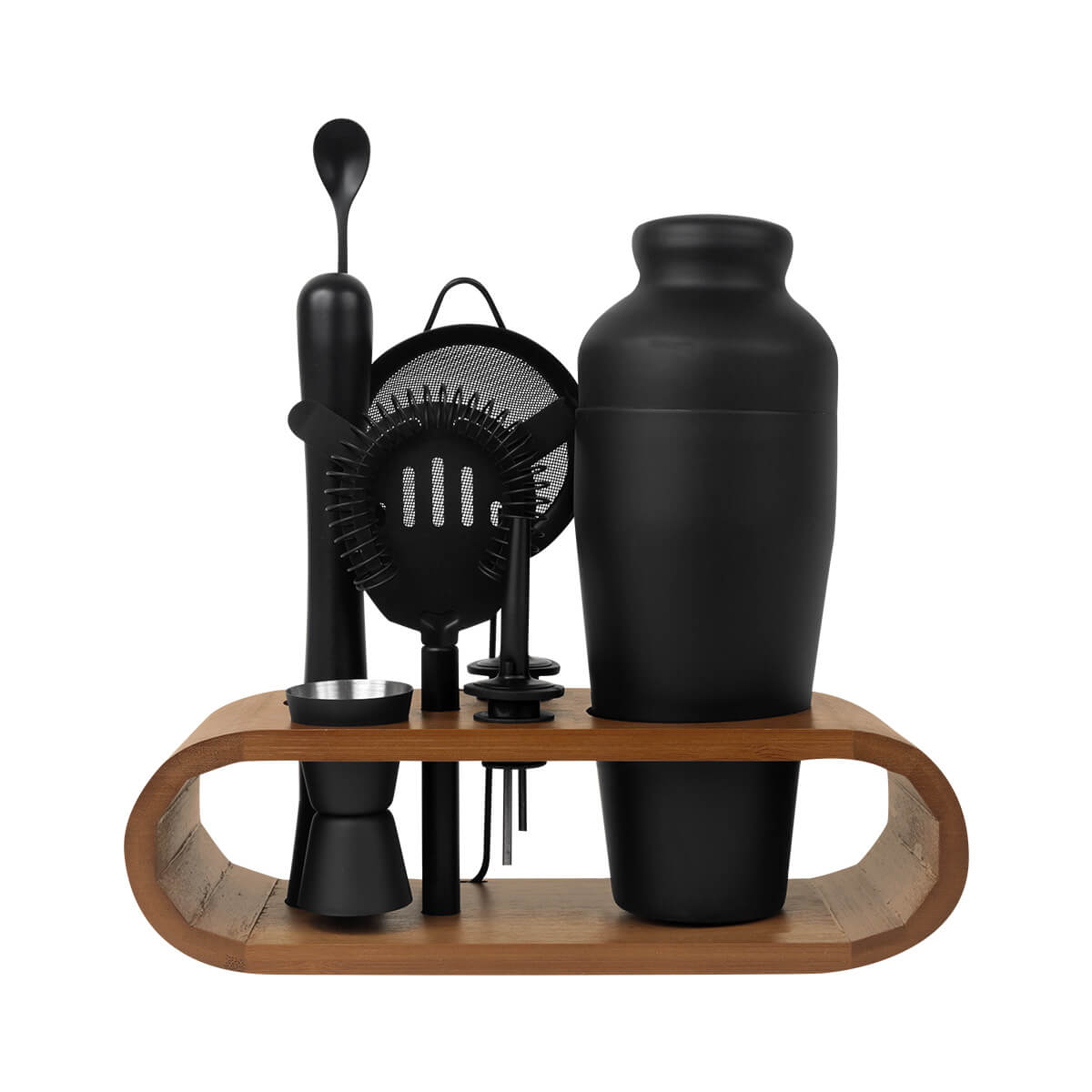 Set de mixología con shaker de acero inoxidable y soporte de bambú personalizado para empresas.