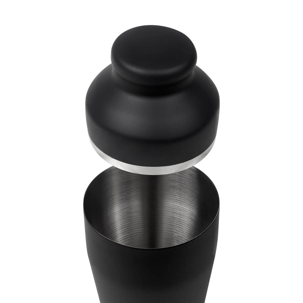 Set de mixología con shaker de acero inoxidable y soporte de bambú personalizado para empresas.