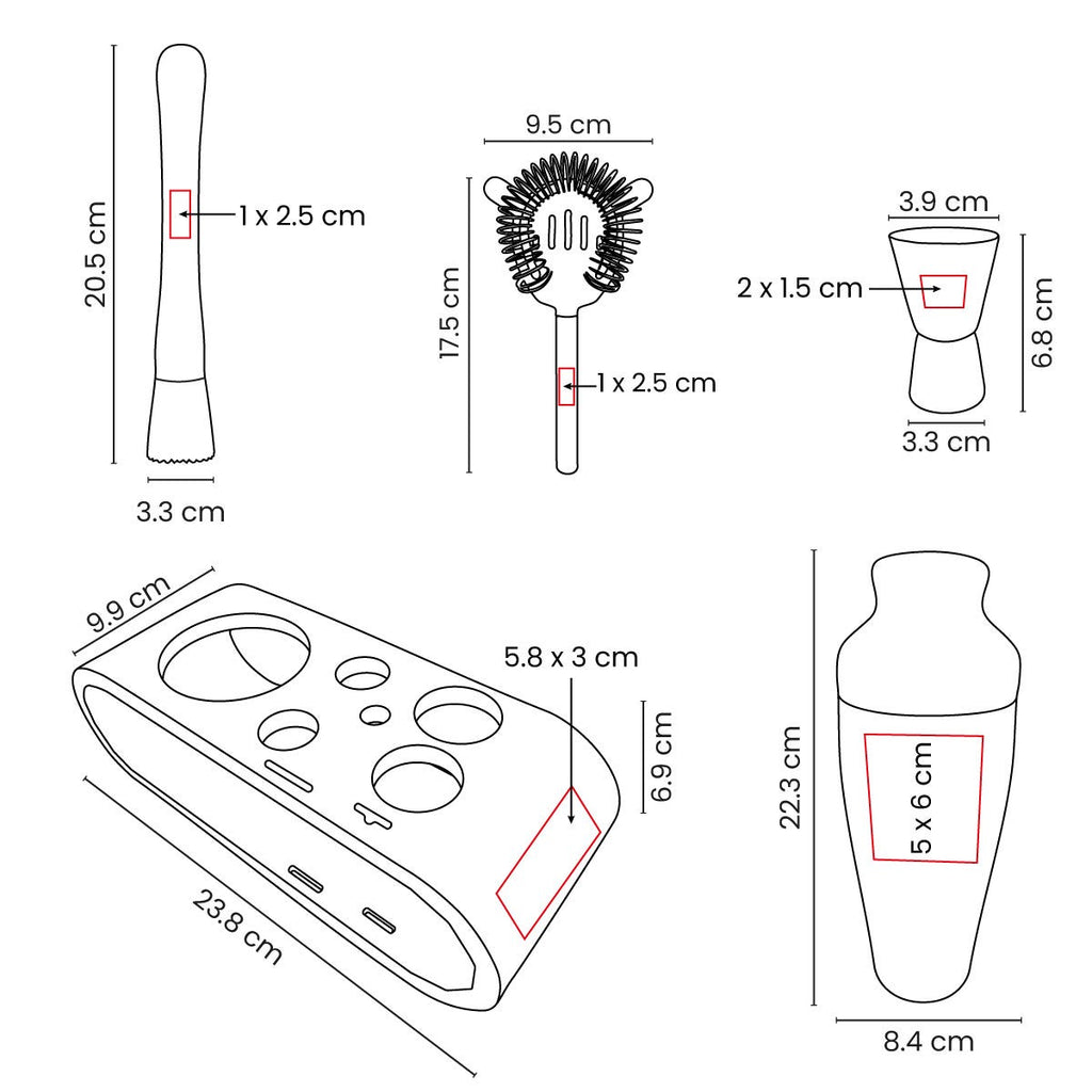 Set de mixología con shaker de acero inoxidable y soporte de bambú personalizado para empresas.