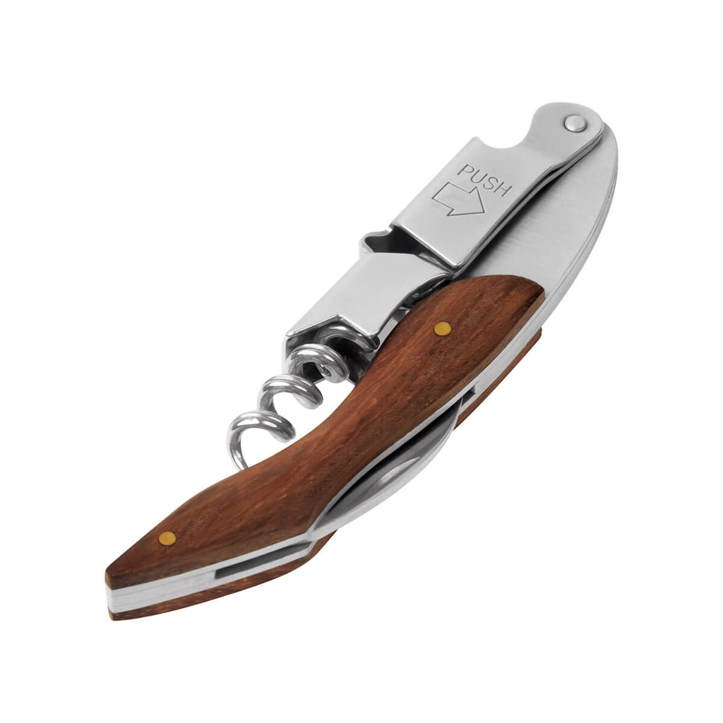 Sacacorchos de acero inoxidable con mango de madera y funda de curpiel personalizado para empresas.