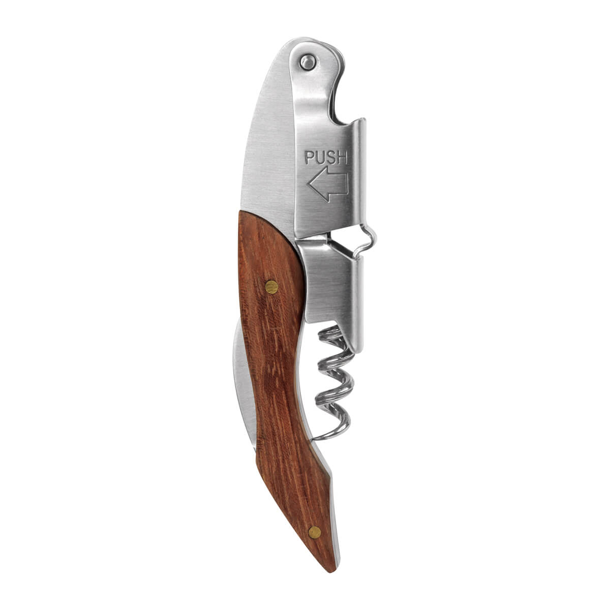 Sacacorchos de acero inoxidable con mango de madera y funda de curpiel personalizado para empresas.