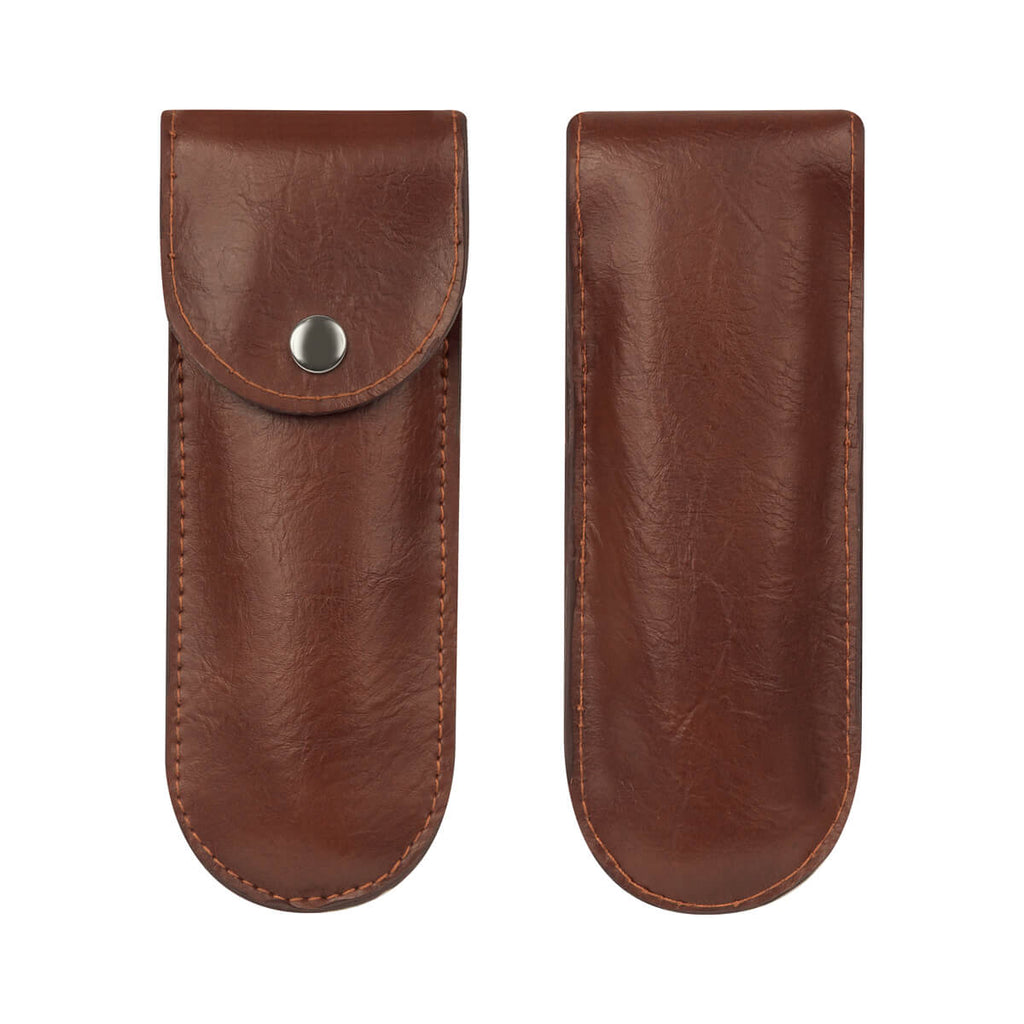 Sacacorchos de acero inoxidable con mango de madera y funda de curpiel personalizado para empresas.
