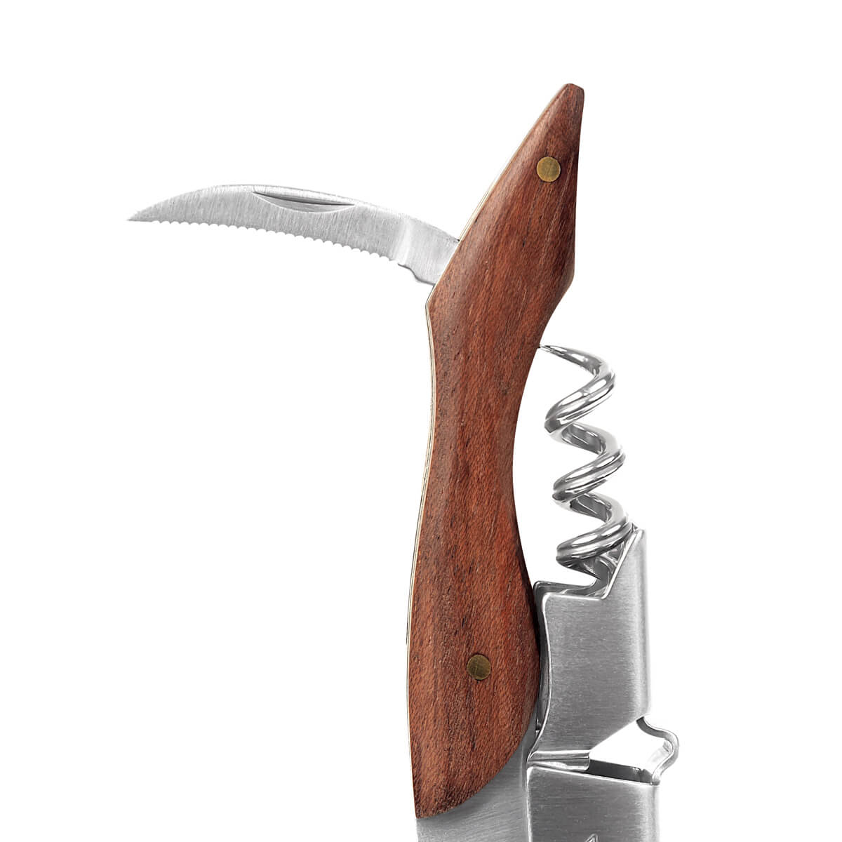 Sacacorchos de acero inoxidable con mango de madera y funda de curpiel personalizado para empresas.