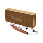 Sacacorchos de acero inoxidable con mango de madera y funda de curpiel personalizado para empresas.