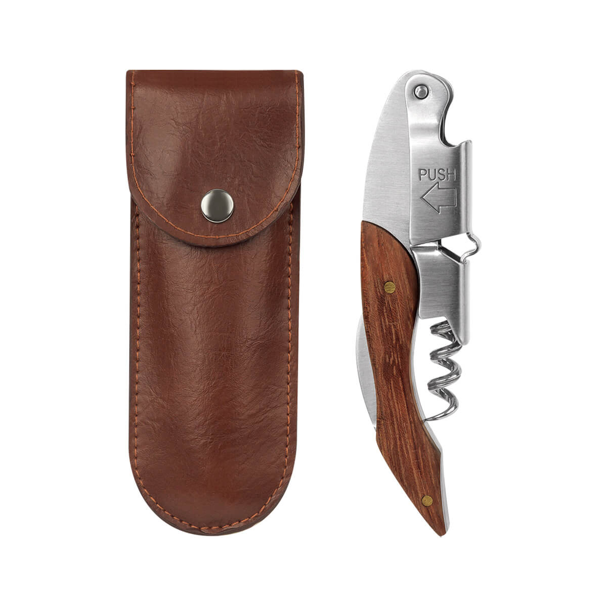 Sacacorchos de acero inoxidable con mango de madera y funda de curpiel personalizado para empresas.
