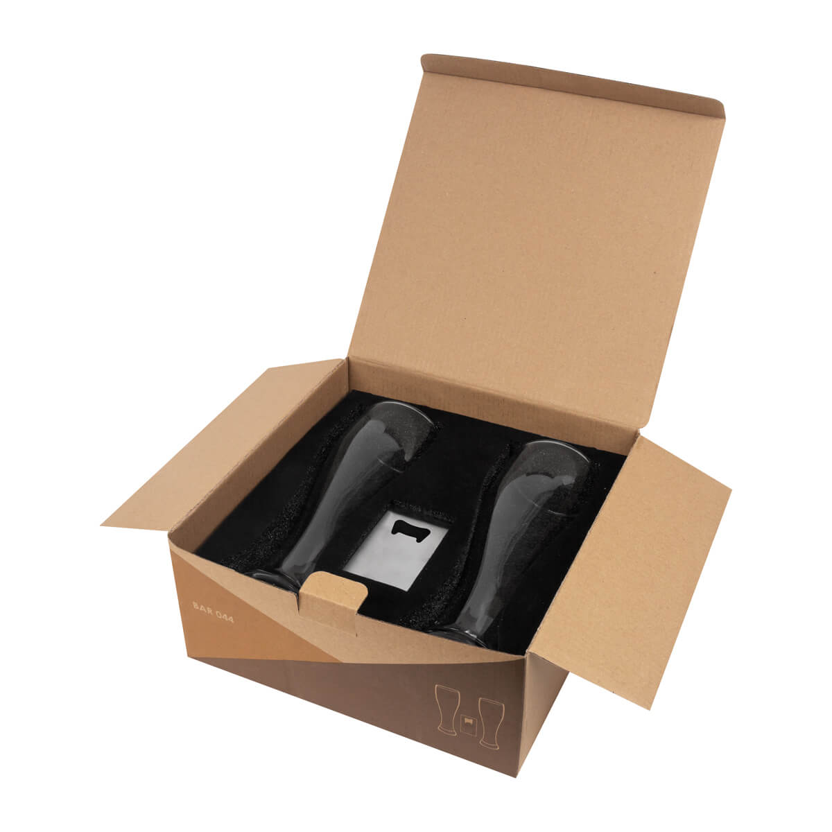 Set de 2 vasos para cerveza de 580 ml con destapador metálico personalizado para empresas.
