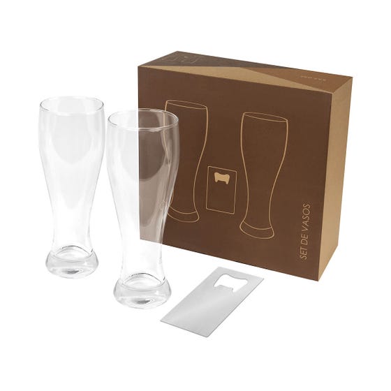 Set de 2 vasos para cerveza de 580 ml con destapador metálico personalizado para empresas.