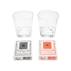 Set de bar con dos vasos de cristal para whisky, dos barajas y estuche de madera personalizable para regalos corporativos.