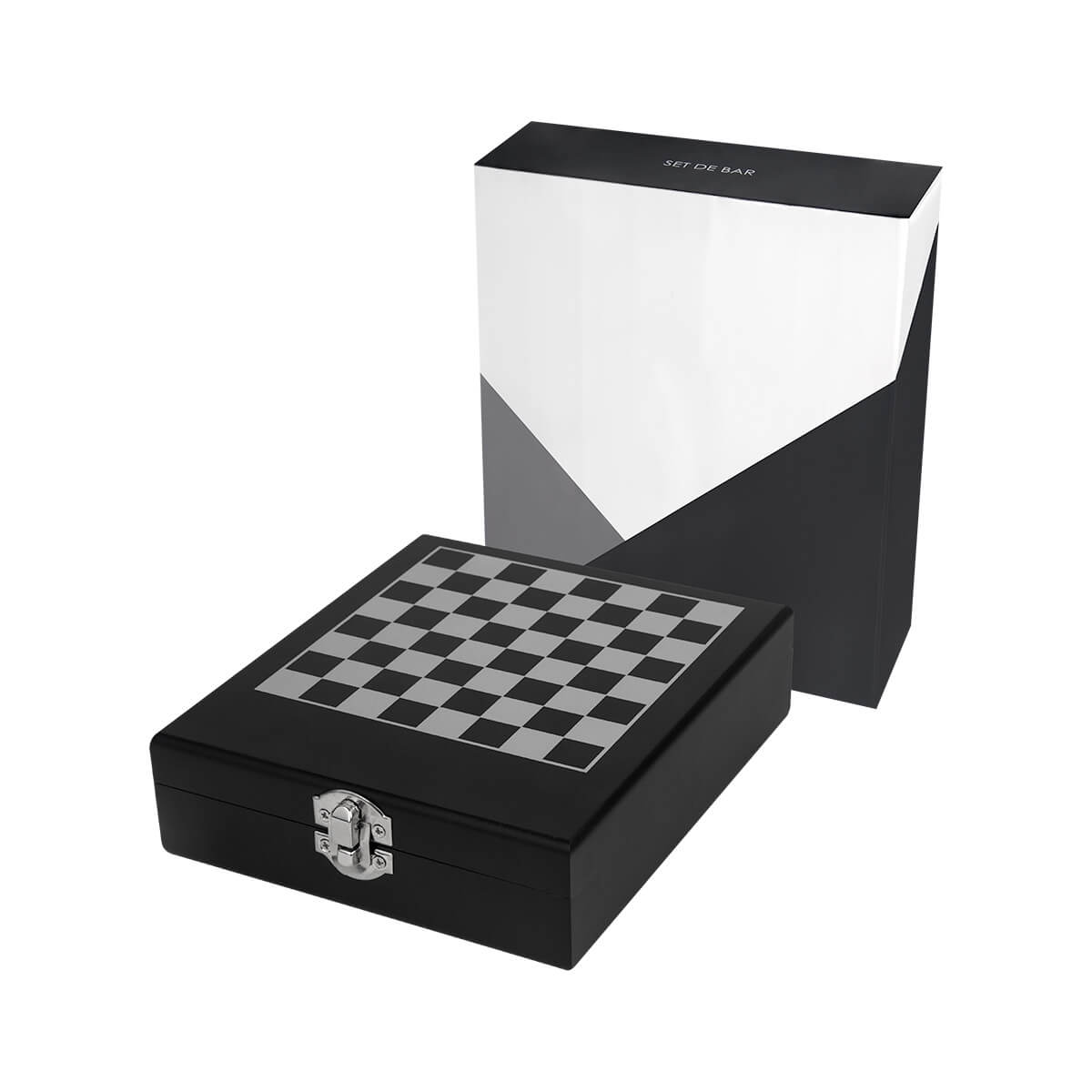Set para vino con accesorios y tablero de ajedrez integrado en estuche de madera personalizado para regalos corporativos.