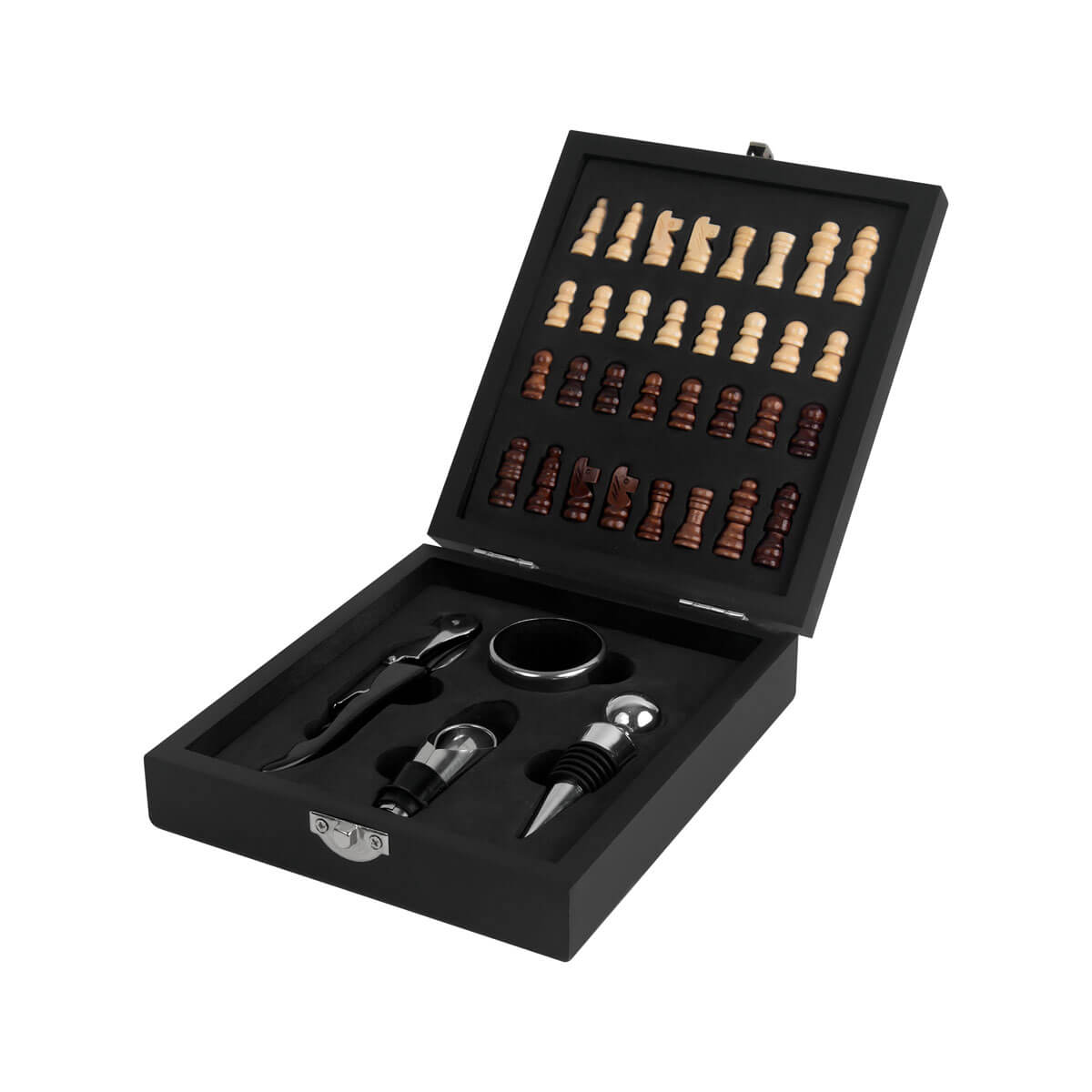 Set para vino con accesorios y tablero de ajedrez integrado en estuche de madera personalizado para regalos corporativos.