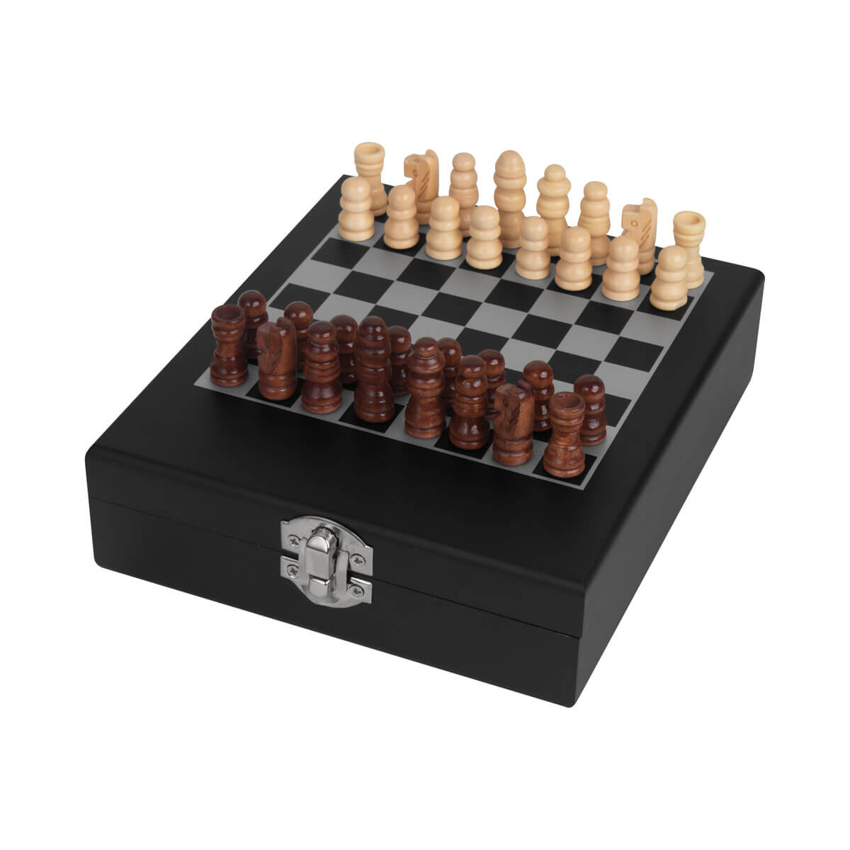Set para vino con accesorios y tablero de ajedrez integrado en estuche de madera personalizado para regalos corporativos.